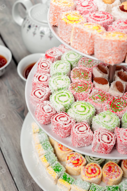 Preview: Turkish delight on a wooden table.