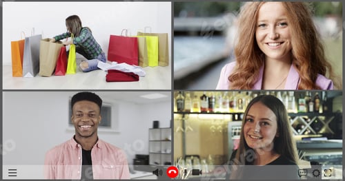 Preview: Happy Girl Showing Her Purchases Using Mobile Phone Or Laptop. Multi Ethnic Group Of Young People