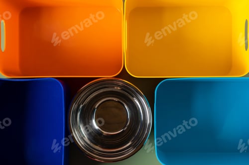 Preview: Multicolored plastic, metal containers on green background. Plastic free, sort of waste, garbage