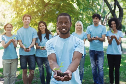 Preview: Let's save planet. Black man invite you to plant new trees, ecology concept, motivational poster