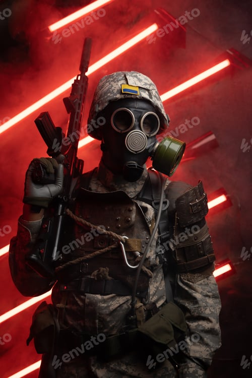 Preview: Apocalyptic soldier with rifle against red background with neon