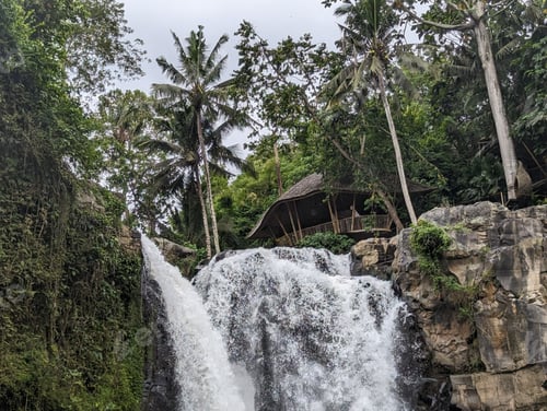 Preview: Beautiful landscape view with a majestic waterfall surrounded by green tropical trees