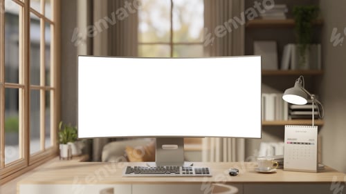 Preview: Blank screen computer with coffee and calendar aside lamp on wooden table in working or study room.