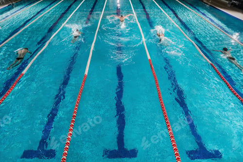 Preview: Five swimmers racing against each other in a swiming pool