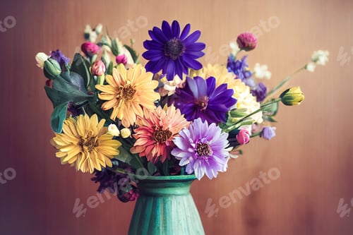 Preview: Beautiful colorful flowers in a vase, background, 3D illustration