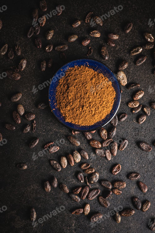 Preview: Cocoa powder and cocoa beans.