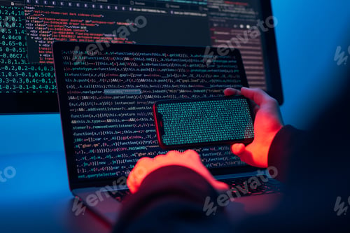 Preview: Man using computer and programming to break code. Cyber security threat. Network security