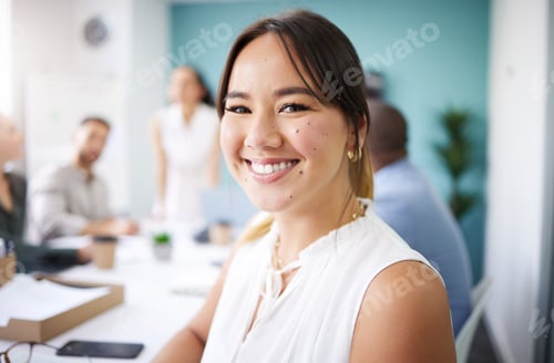 Preview: Meeting, happy and portrait of business Asian woman for conversation, collaboration and discussion.