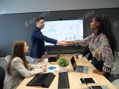 Preview: Businessman person boss manager shakehand businesswoman south africa brazillian happy smile discuss