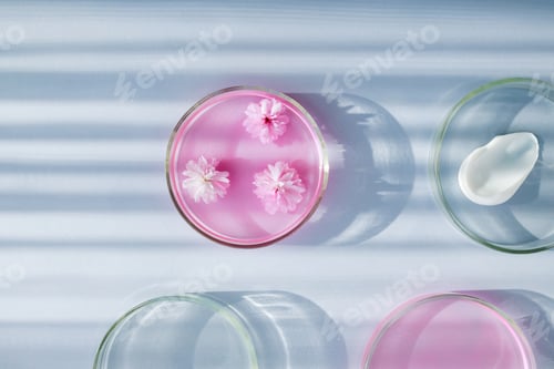 Preview: petri dishes on light background cosmetic research concept