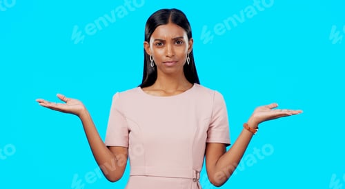 Preview: Choice, option or decision and a woman on a blue background in studio with a hand gesture. Portrait