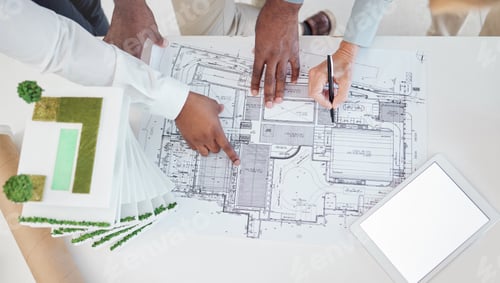 Preview: Top view, teamwork and architects hands on blueprint, model or building, architecture or constructi