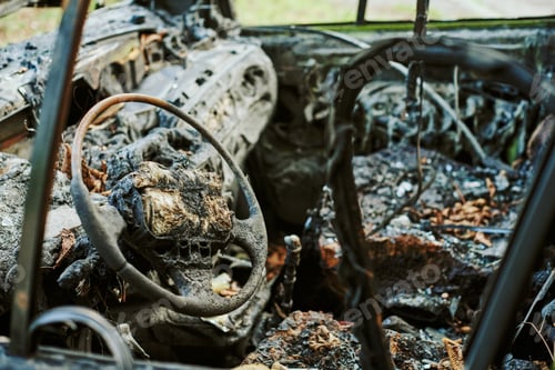 Preview: Burned car interior close up, vehicle fire damaged motor vehicle, car fire