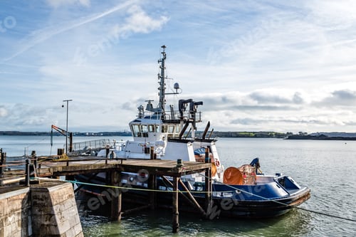 Preview: Tugboat moored in the harbour of Cobh, a small irish town near Cork a sunny morning.