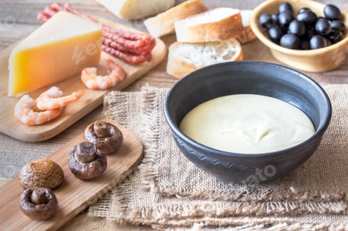 Preview: Bowl of fondue with appetizers