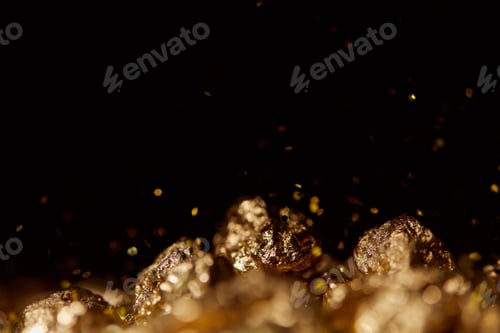 Preview: selective focus of golden stones with sparkling lights isolated on black