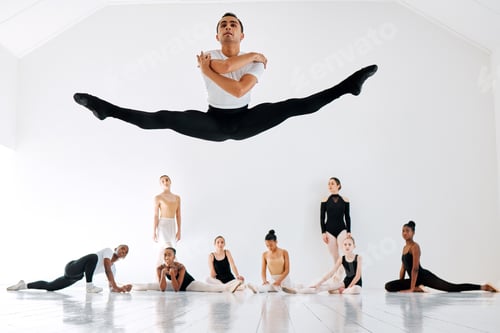Preview: Full length shot of a diverse group of ballet students rehearsing in their dance studio