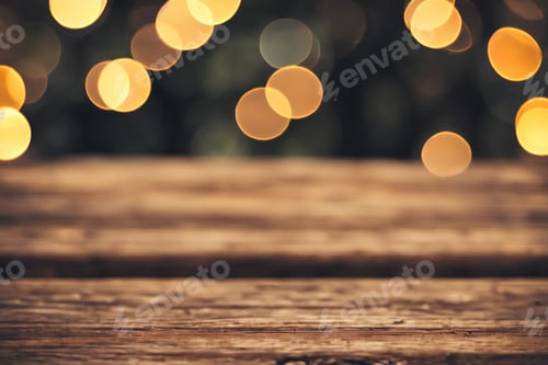 Preview: Bokeh Lights Glowing above Rustic Wooden Surface