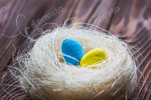 Preview: Two eggs of the color of the Ukrainian flag in the nest. The concept of an abandoned home of Ukraine