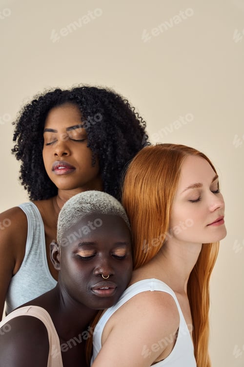 Preview: Three diverse young girls bonding with eyes closed isolated on beige background.