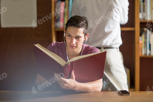 Preview: High school student wearing earphones reading a book in library