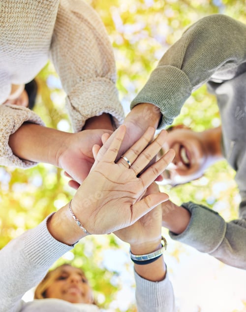 Preview: Hands stack, support with trust and team building outdoor, commitment and solidarity, group of peop