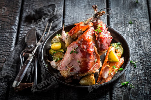 Preview: Fresh pheasant with bacon and spices on dark background