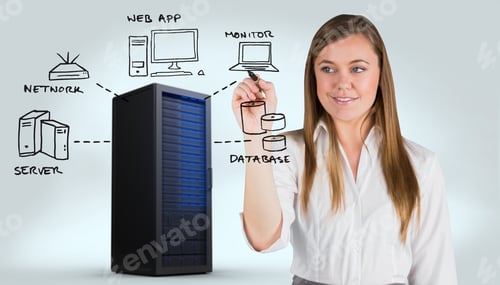 Preview: Smiling Businesswoman Writing With Whiteboard Marker Against Digitally Generated Server Tower