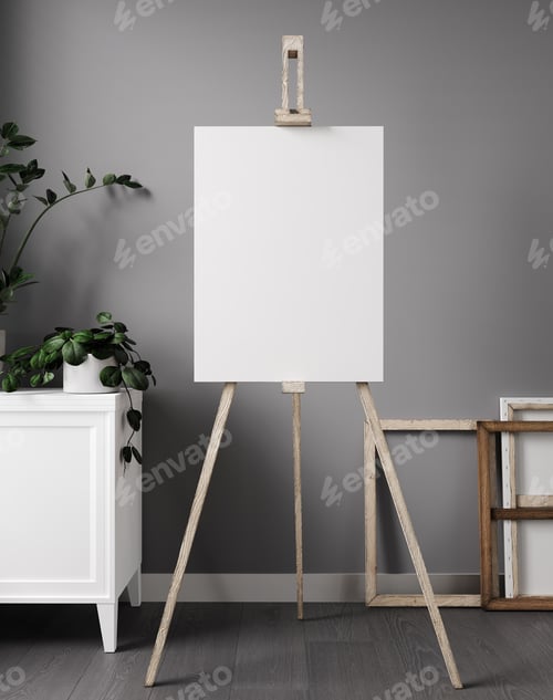 Preview: White blank canvas on wooden easel, in minimal living room interior. 3d rendering