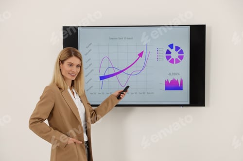 Preview: Businesswoman showing chart on tv screen indoors