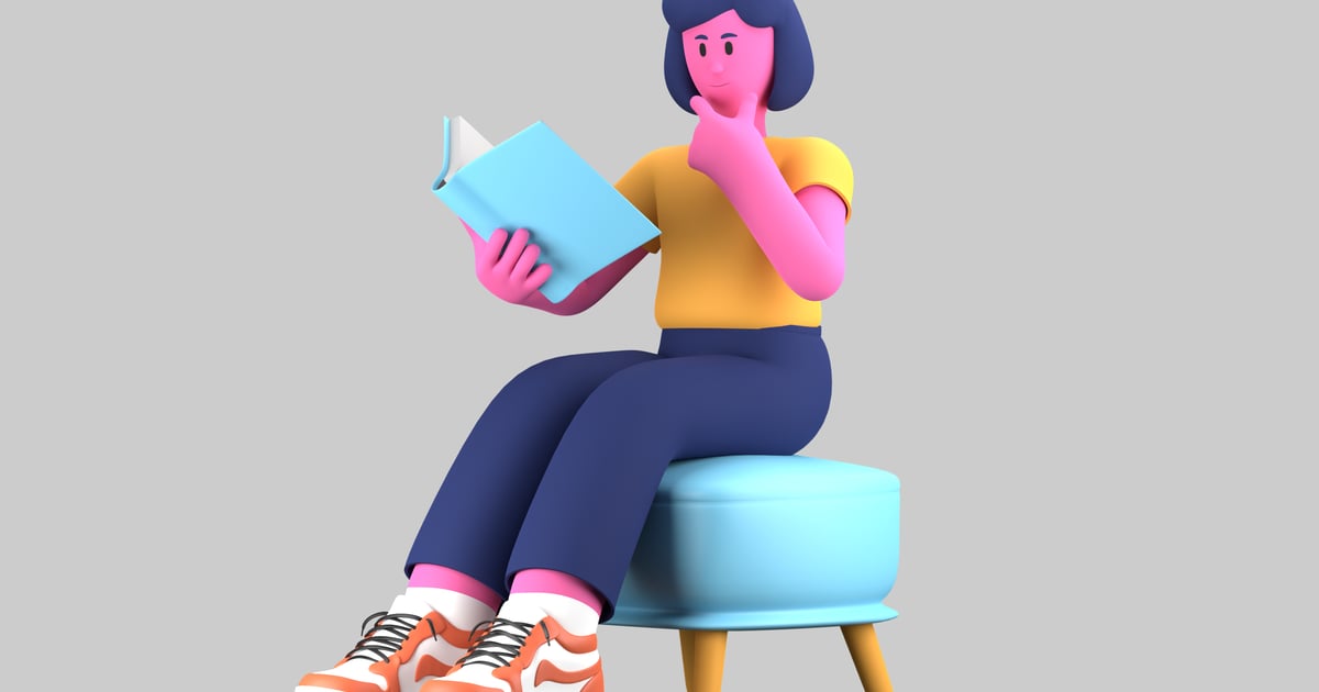Contemplative reader cartoon character 3D, Incl. book & casual - Envato