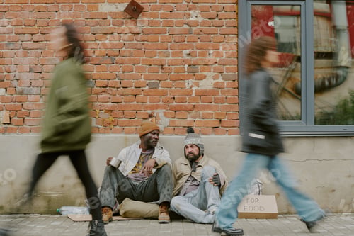 Preview: Homeless Black Man and Caucasian Man Sitting on Street Asking for Food