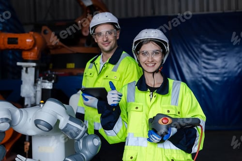Preview: woman engineer holding remote control and thumbs up looking at camera