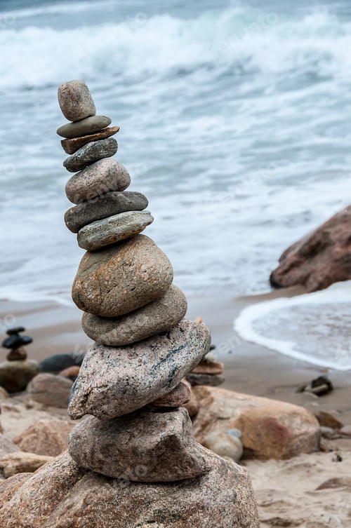 Preview: Rocks stacked up on beach, Block Island, Massachusetts, USA