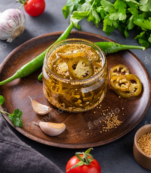 Preview: Jalapeno hot pepper, sliced in a jar with spices on a wooden plate with fresh vegetables