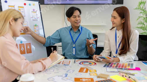 Preview: ux, ui, mobile app web designers are brainstorming to design a visual display