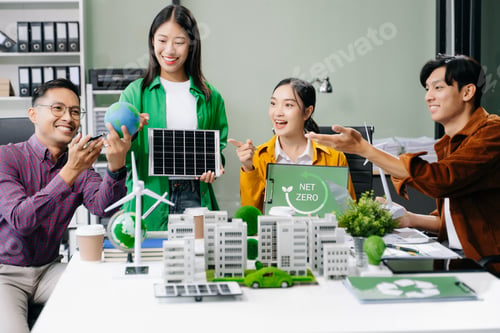 Preview: Group of diverse multiethnic businesspeople standing neare table looking at model of building from