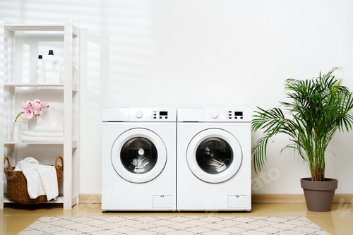 Preview: Modern Laundry Room With White Appliances and Greenery