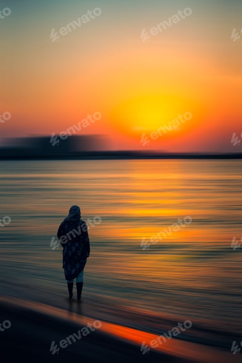 Preview: Silhouette of a person standing by the shore at sunset.