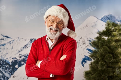 Preview: joyous Santa in christmassy hat with glasses with his arms crossed on chest, Merry Christmas