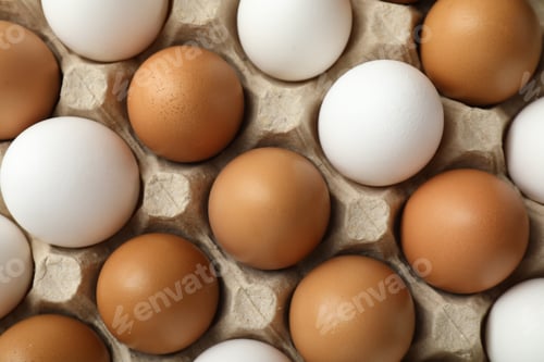 Preview: Many raw chicken eggs in carton, top view