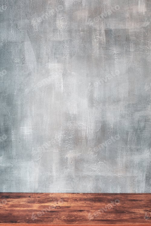 Preview: wooden desk table near concrete painted wall background