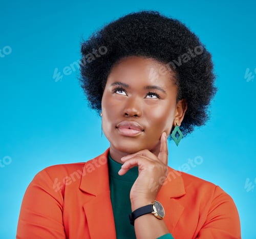 Preview: Opportunity, thinking and black woman with problem solving, brainstorming and decision against a bl