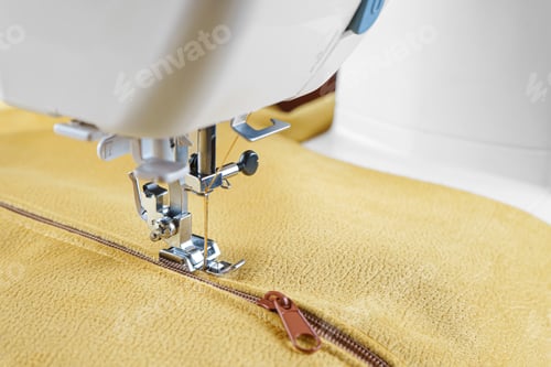 Preview: Modern Sewing Machine With Special Presser Foot On Yellow Velours Fabric Close Up