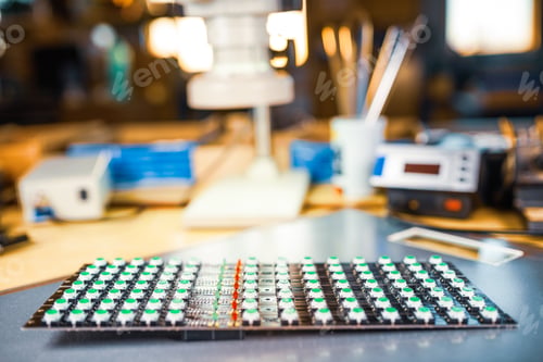 Preview: Modern microscope, Panel of LED light indicators is in the production