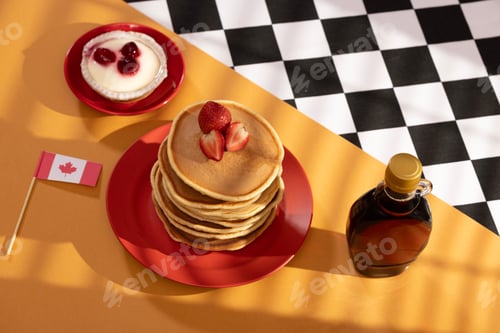 Preview: Canada Day traditional food concept. A girl in a classy cafe eats in Canada. Breakfast and lunch.