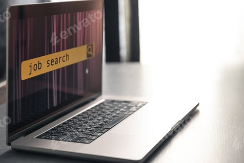Preview: Job search in computer application, website page on laptop screen.