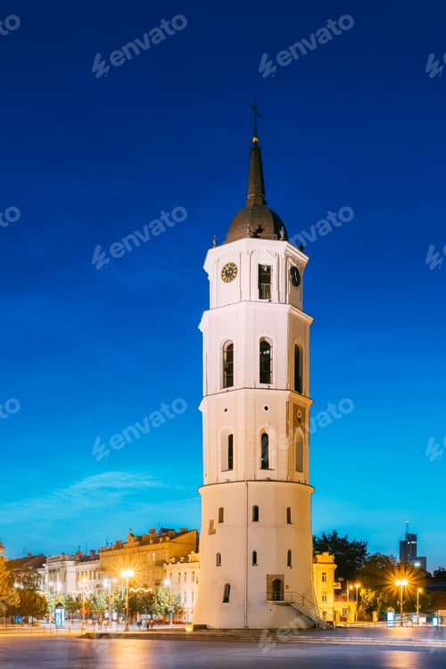 Preview: Vilnius, Lithuania. Evening Night View Of Bell Tower Belfry Of V