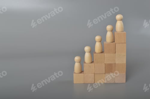 Preview: Wooden people figures on wooden block steps with rise up. Career growth, development, leadership