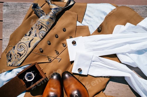Preview: Man watch in a box lies on the groom suit next to his shoes